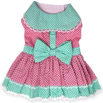 Polka Dot Lace Dress Set with Leash - Pink and Teal