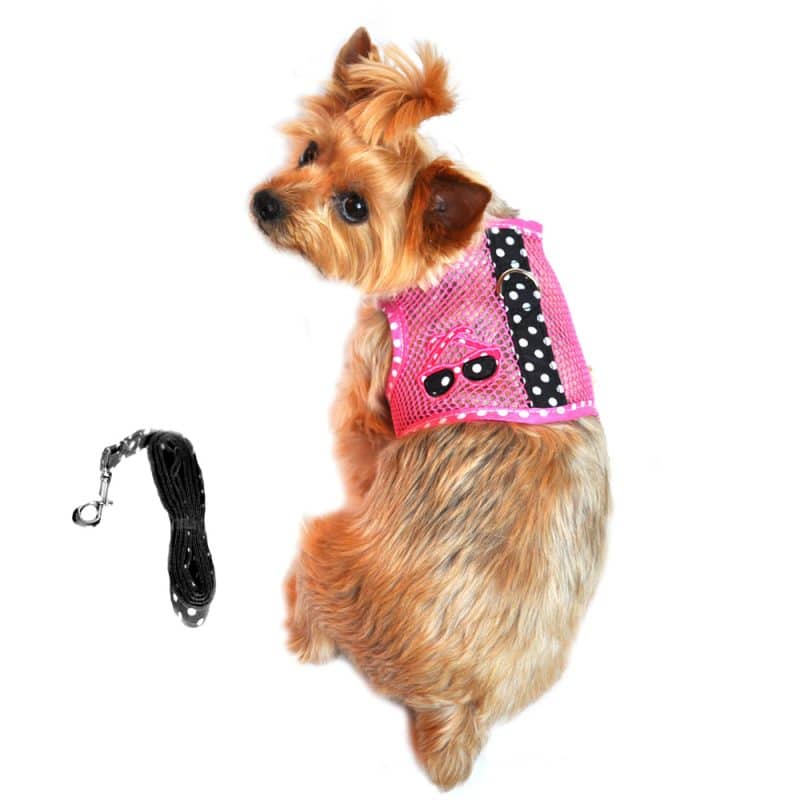 Cool Mesh Dog Harness, our Under Sea Collection - Pink - Black PolkaDot, with Sunglasses