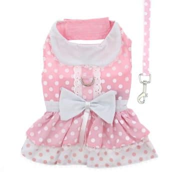 Polka Dot and Lace Puppy Dog Dress Set & Leash - Pink