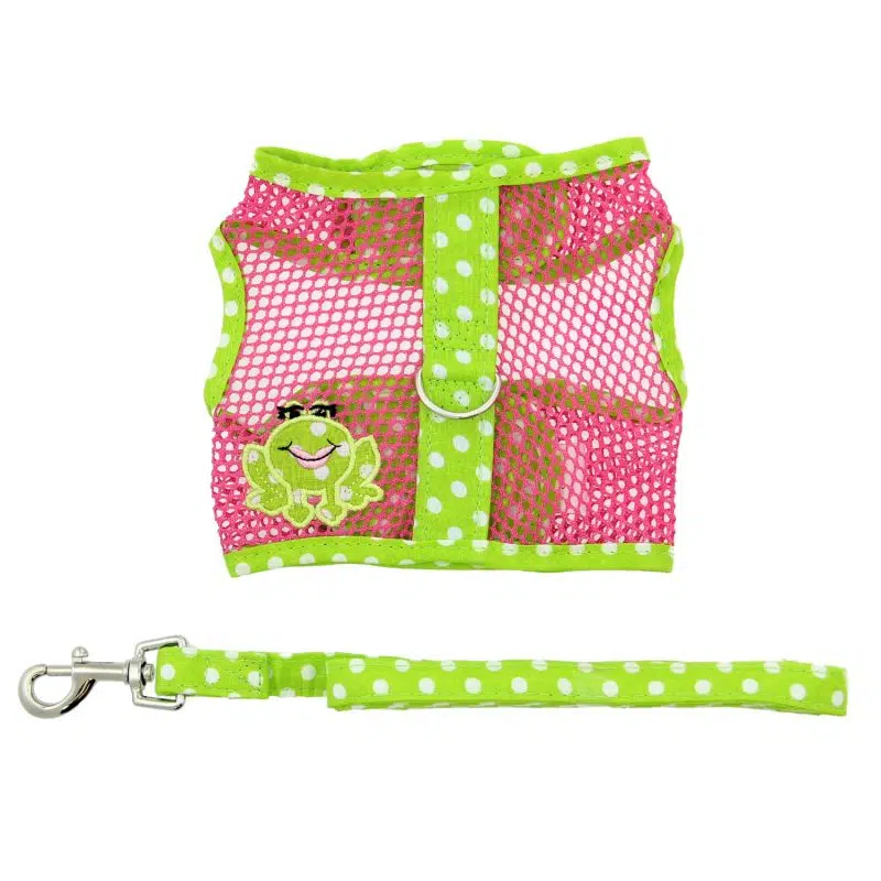 Cool Mesh dog Harness with white polkadots and Frog Green background border