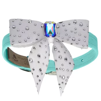 Tiffi’s Gift Collar White Tail Bow with Silver Stardust and AB Emerald