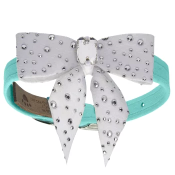 Tiffi’s Gift Collar White Tail Bow with Silver Stardust and Clear Emerald