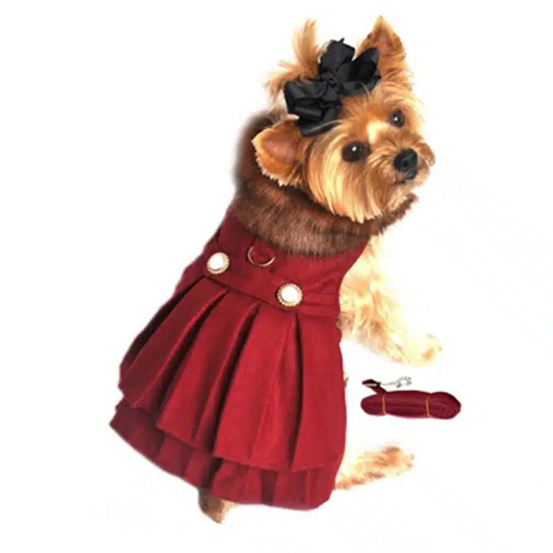 Wool Fur-Trimmed Dog Harness Coat - Burgundy